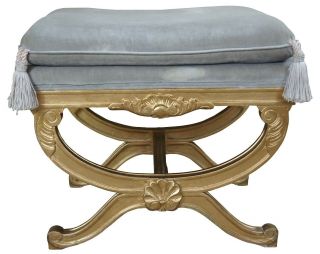Vintage French Empire Regency Style Gold Vanity Stool Scalloped Bench Seat 25 "