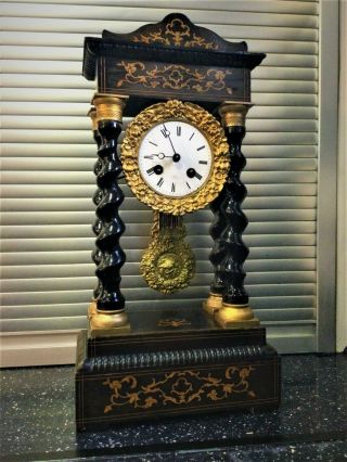 Antique French Empire 8 Day Ebonised Inlaid Boulle Enamel Portico Mantel Clock