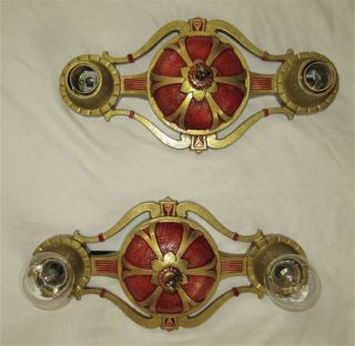 Set Of 2 Antique Deco Chandeliers Cast Iron Mask Flush Mount Ceiling Fixtures