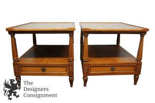 2 Henredon Neoclassical Walnut Tiered Side Tables Night Stands French Louis Xv