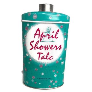 Vintage Cheramy April Showers Talc Powder Tin 5 Oz Part Full Graphic Read