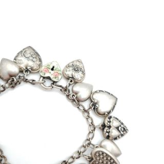 Antique Victorian Sterling Silver Sweetheart Puffy Heart Enamel Charm Bracelet 2