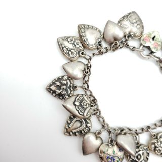 Antique Victorian Sterling Silver Sweetheart Puffy Heart Enamel Charm Bracelet 4