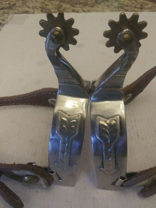 Vintage Stainless Steel Western Spurs W/leather Straps And Arrow On Side