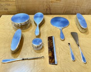 Tiffany & Co Antique Sterling Silver Blue Enamel Guilloche Vanity Grooming Set