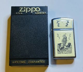 Vintage Slim 1990 Zippo Lighter Enamel Artwork Never Lit