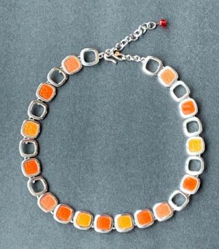 Vintage Orange Enamel Square Flat Chain Choker Necklace Silver Tone Estate