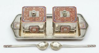 Art Deco Solid Silver And Enamel Arts And Crafts Hammered Preserve Set.  23oz