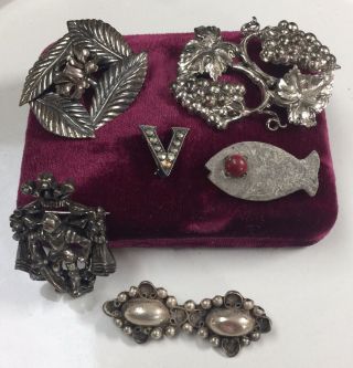 Set Of 6 Antique Brooches And Pins Sterling Silver And Rhinestones