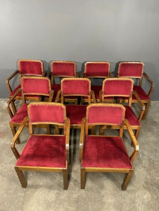Set Of 9 Early 20th Century Waring And Gillow Oak Velvet Arm Desk Chair’s