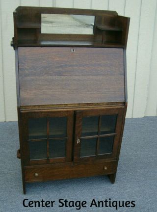 61067 Antique Mission Arts & Crafts Oak Slantfront Desk With Bookcase Bottom