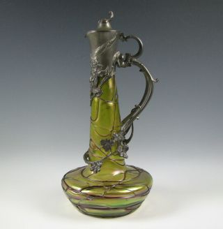 Antique Pallme Konig Iridescent Threaded Art Glass Metal Mounted Ewer
