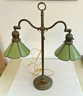 Antique Adjustable Brass And Stained Glass Library Table Lamp