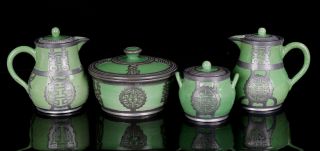 Fine Set Antique Chinese Apple Green Crackle Glaze Porcelain Pewter Teapot Jar