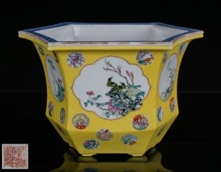 Fine Antique Chinese Famille Rose Scraffito Imperial Yellow Scholar Jardiniere