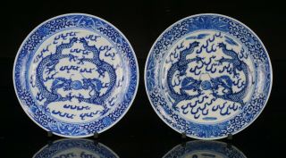 Pair Antique Chinese Blue And White Porcelain Dragon Plate 19th C Qing