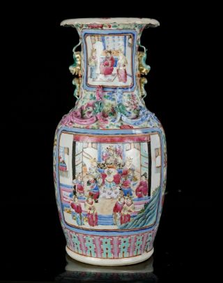 Large Antique Chinese Famille Rose Porcelain Figure Vase Circa 1850 Qing