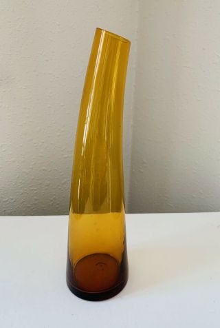 Vintage Yellow Amber 9.  5 " Bent Neck Curved Vase Mcm Bud Vase Mid Century Modern