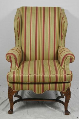 Queen Anne Style Walnut Wing Chair Designer Stripped Fabric Williamsburg Style