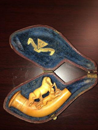 Antique Wdc Meerschaum Smoking Pipe With Case Dog With Horse Cheroot