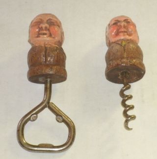 Cond.  2 Vintage Figural Old Man Bottle Opener & Corkscrew Sorocco Anri Type