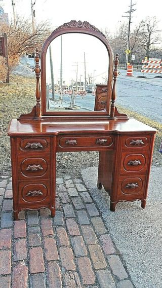 Davis Cabinet Co.  Victorian Style Walnut Lillian Russel Dresser Vanity & Mirror