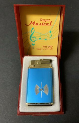 Vintage Royal Musical Mr - 500 Gas Cigarette Lighter Blue W/orig Box Janpan