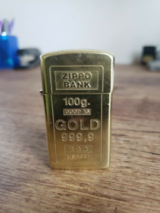 Vintage 1999 Solid Brass Slim Zippo Lighter Bank 100g.  Good As Gold 999,  9
