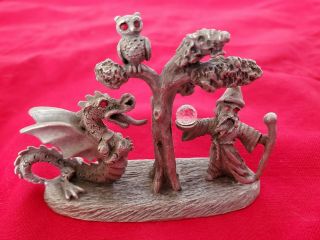 Vintage Spoontique Pewter Wizard Dragon Owl Crystal Ball Figurine 2 " T X 3.  5 " W