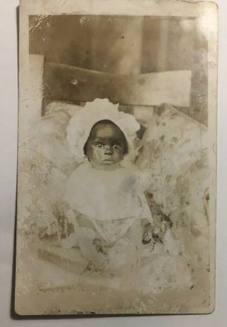 Vintage Rppc Photo Wild - Eyed Black African American Baby Sitting Wearing Bonnet