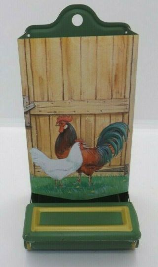 Vtg Tin Metal Match Box Stick Holder Chicken Rooster Coop Farm House Wall Mount