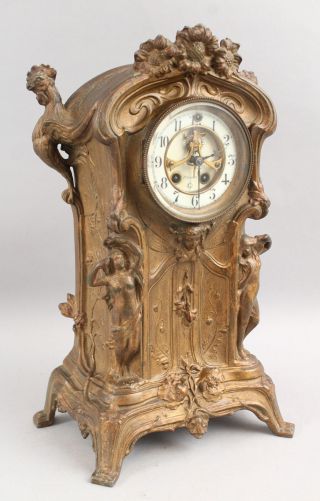 Antique Gilbert American Art Nouveau Nude Women & Roosters Figural Mantle Clock