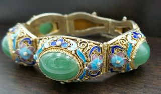 Great Antique Art Deco Chinese Export Sterling Silver,  Jade & Enamel Bracelet