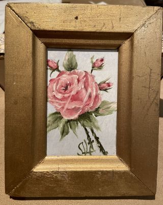 Vintage Miniature Pink Rose Oil Painting In Gold Frame 5” X 6.  5” - Signed