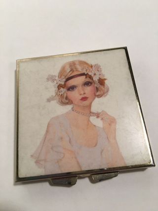 Vintage Flapper Girl Pill Box " Pill Bar " Gold Tone Square Metallic Flowers Pearl