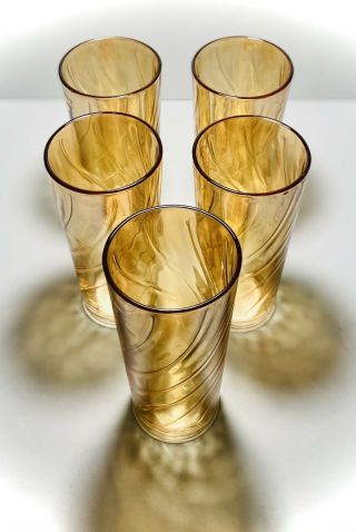 Amber Carnival Glass Vintage Tumblers Glasses 6 1/2” Tall Swirl Pattern Set Of 5