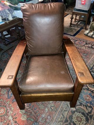 Antique Mission Arts & Crafts Quarter Sewn Oak Bowed Arm Morris Reclining Chair