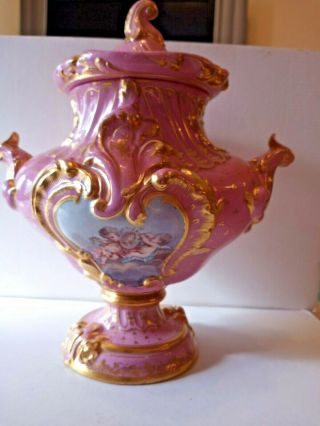 Antique Sevres Style Hand Painted Pink/gold Porcelain Covered Urn,  Circa 1900