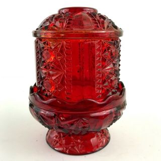 Vintage Indiana Stars & Bars Flash Glass Ruby Red Fairy Lamp Candle Holder 6.  5 " T