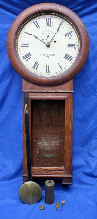 Antique Seth Thomas Wall Clock 38 " Wooden Case Painted Dial