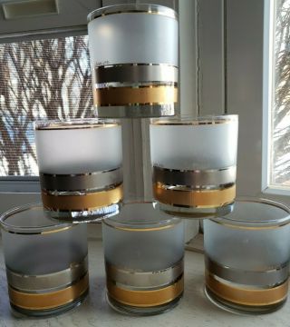 Set Of 6 Vintage Culver Old Fashioned Glass Tumblers.  4.  " Silver And Gold Trim.