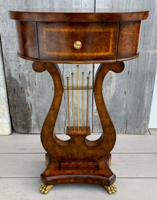 Vintage Maitland - Smith Burl Walnut Lyre 1 - Drawer Side Table W/ Brass Paw Feet