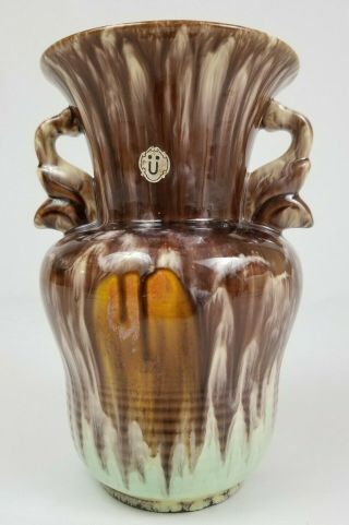 Mid - Century Drip Glaze Studio Art Pottery Vase With Handles Germany Vintage 9 "