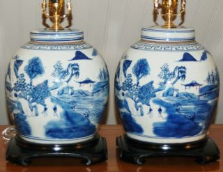 Chinese Ginger Jar Lamps Canton Blue & White Porcelain Jars Vases 7b Pair