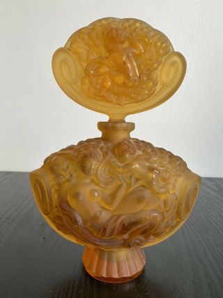 Antique Amber Lalique Perfume Bottle Large 8 1/4” Cupid