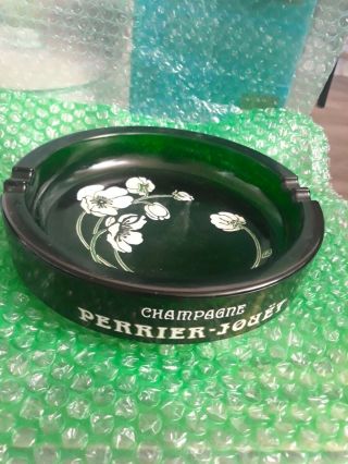 Vintage Perrier - Jouet Dark - Green Glass Champagne Flowers Ashtray.