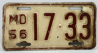 Antique Motorcycle Collectible Vintage 1956 Maryland License Plate Md.  56 17•33