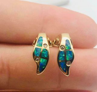 Gorgeous Vintage Solid 14k Yellow Gold Opal Inlay And Diamond Earrings