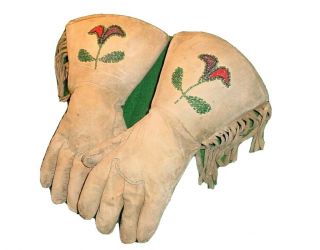 Vintage Antique 1890’s Old Leather Buckskin Beaded Cowboy Gauntlets Gloves Large
