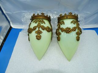 2 Antique Victorian Vaseline Teardrop Glass Light Shade Brass Garland Ormulu